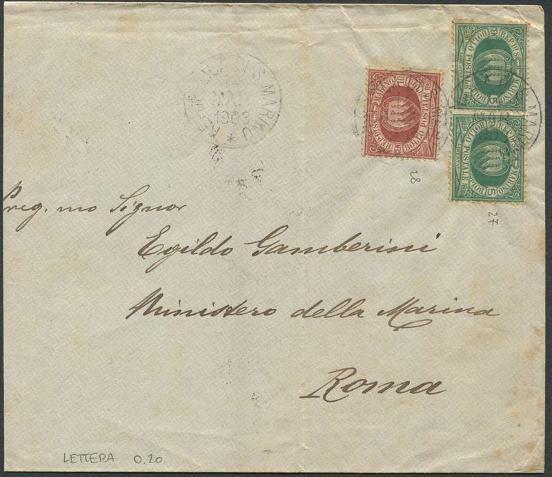 1903, S.Marino, Busta per Roma affrancata con coppia di 5 cent. verde e 10 cent. rossobruno (27, 28)  - Auction Postal History and Philately - Cambi Casa d'Aste