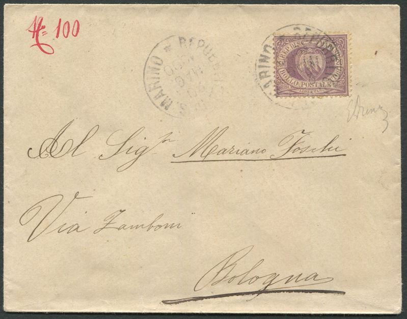 1900, S.Marino, Busta per Bologna affrancata con 20 cent. lilla (29)  - Auction Postal History and Philately - Cambi Casa d'Aste