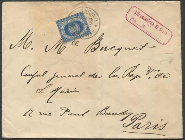 1903, S.Marino, Busta per il Console Generale di S. Marino a Parigi, affrancata con 25c. azzurro (30)