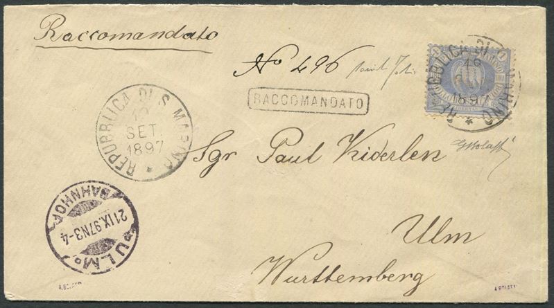 1897, S.Marino, Busta raccomandata per Ulm Wurttemberg, affrancata con 1 lira azzurra (31)  - Auction Postal History and Philately - Cambi Casa d'Aste