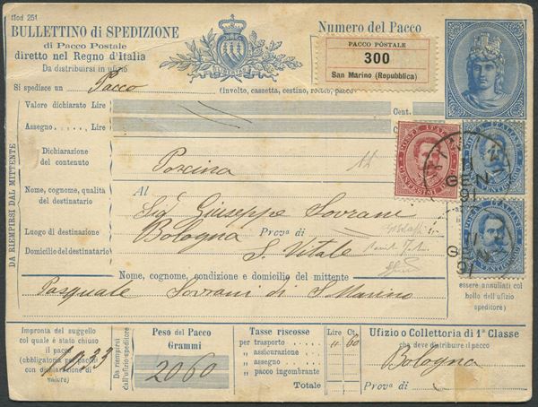 1891, S.Marino, Bollettino di spedizione pacco da San Marino per S. Vitale (Bologna) con affrancatura Italia Regno 1879 10c. carminio e coppia 25c. azzurro