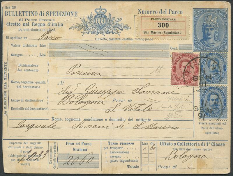1891, S.Marino, Bollettino di spedizione pacco da San Marino per S. Vitale (Bologna) con affrancatura Italia Regno 1879 10c. carminio e coppia 25c. azzurro  - Auction Postal History and Philately - Cambi Casa d'Aste