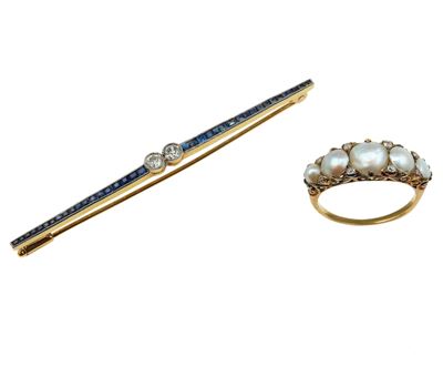 Lotto Composto da un Anello con Perle ed una Spilla con Zaffiri e Diamanti