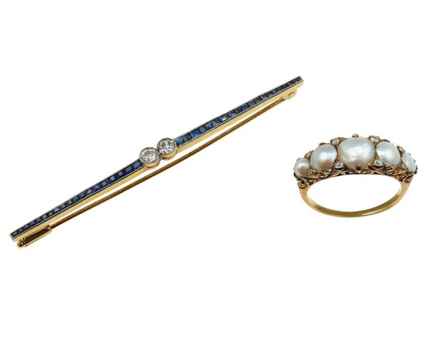 Pearl ring and sapphire and diamond brooch