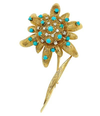Cusi, Spilla “fiore” in oro giallo 750/1000 con turchesi e piccoli diamanti
