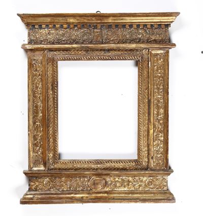 Cornice a Edicola in Stile Rinascimentale Intagliata, Laccata e Dorata, XIX-XX Secolo