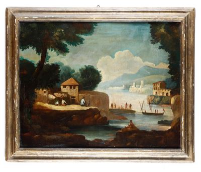 Scuola del XVIII secolo, Paesaggio fluviale con pescatori, olio su tela