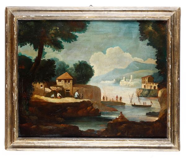 Scuola del XVIII secolo Paesaggio fluviale con pescatori
