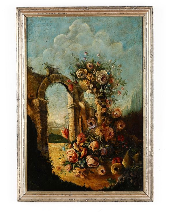 Scuola del XIX secolo Natura morta in paesaggio con architetture