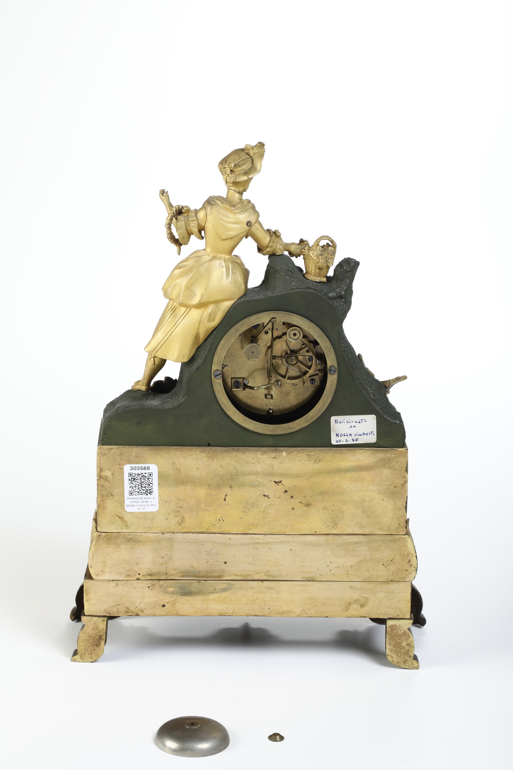 Pendola da Tavolo in Bronzo Dorato e Brunito. XIX-XX Secolo Vetro Rotto