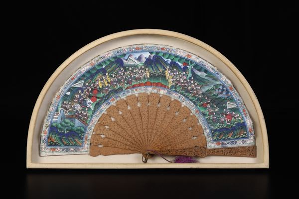 Ventaglio dipinto raffigurante scena di vita comune, Cina, Dinastia Qing, XIX secolo