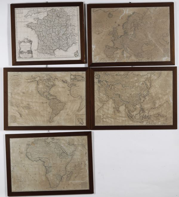Fratelli Bordiga - Vallardi - Artaria I quattro continenti: Europa, Asia, Africa, America Gli esemplari sono bruniti e presentano piccoli difetti e mancanze. Si aggiunge nel lotto una carta della Francia proveniente dall'atlante di G. de Vaugondy, stampata alla fine del secolo XVIII