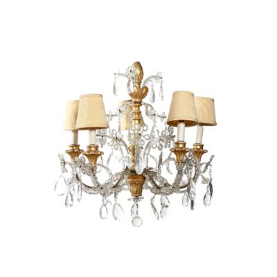 Lampadario, legno intagliato e dorato con cristalli, XIX secolo