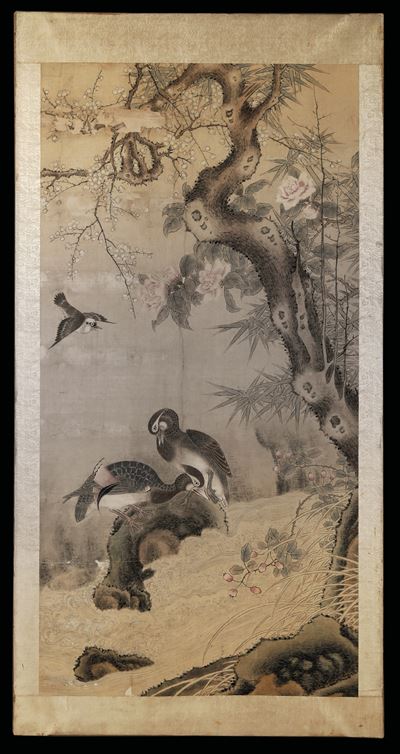 Dipinto su Carta Raffigurante Scena Naturalistica con Uccelli su Ramo Fiorito, Cina, Dinastia Qin...