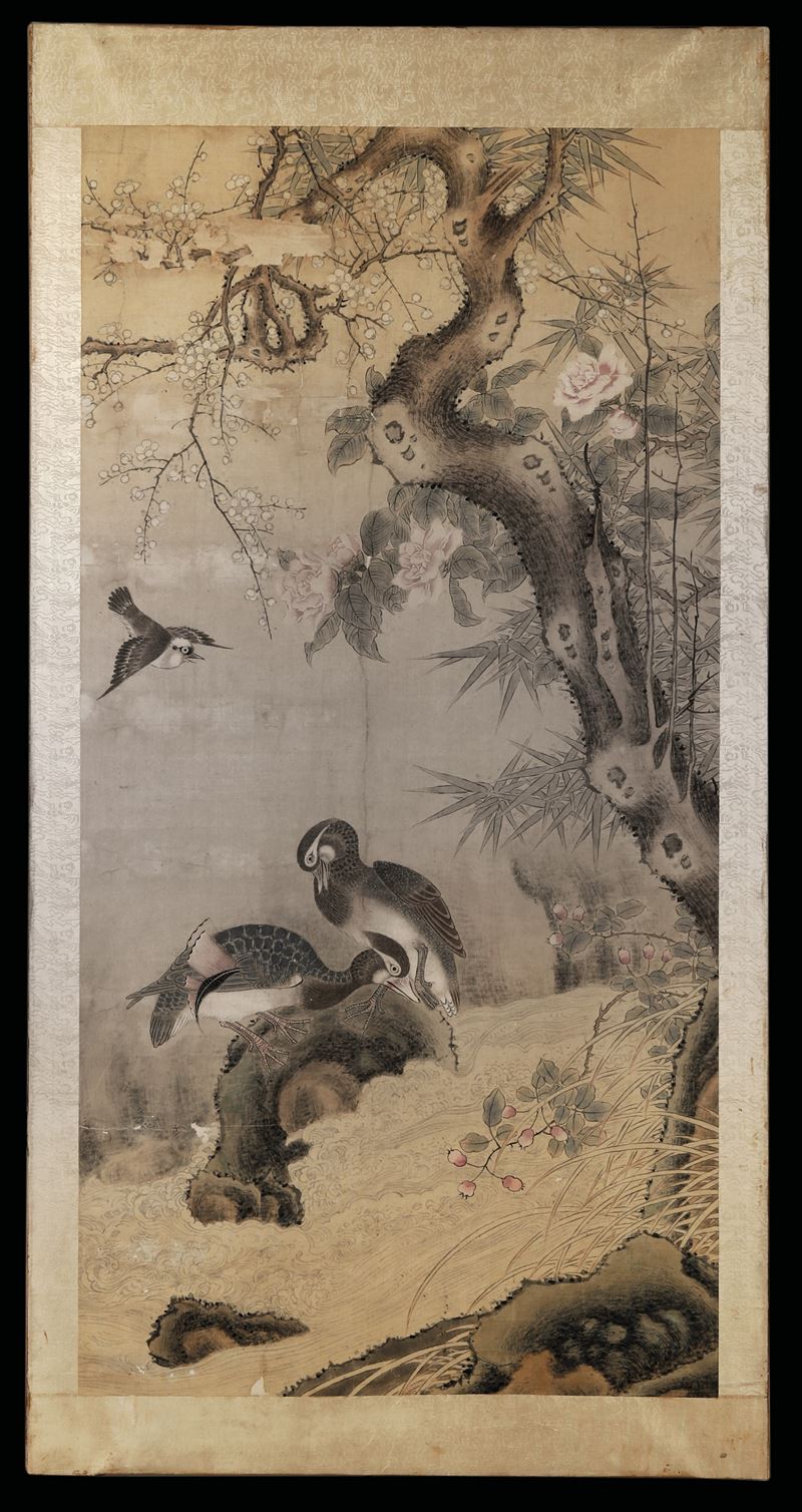 Dipinto su carta raffigurante scena naturalistica con uccelli su ramo fiorito, Cina, Dinastia Qing, XIX secolo  - Asta Fine Asian Works of Art - Cambi Casa d'Aste