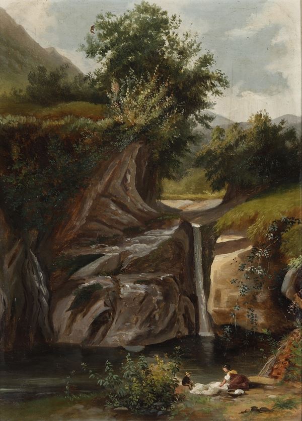 Anonimo del XIX-XX secolo Paesaggio con lavandaia