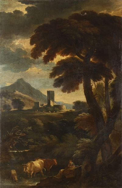 Paesaggio con pastori e armenti, olio su tela