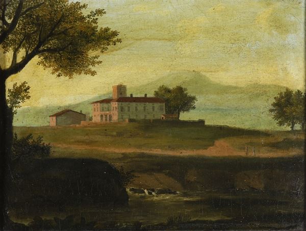 Scuola del XIX secolo Paesaggio fluviale con casolare