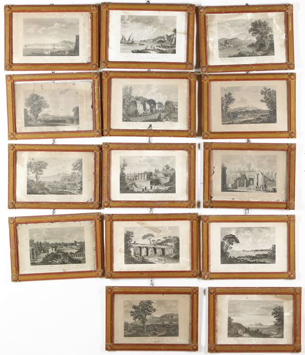 Collezione di 14 stampe incorniciate con paesaggi; alcuni con rovine romane