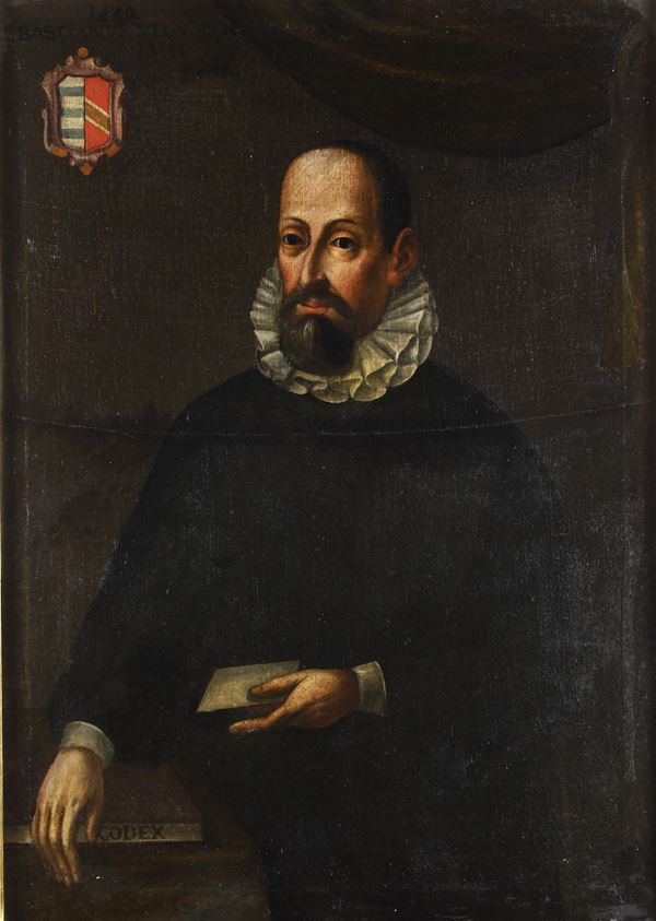 Scuola del XVII secolo Ritratto di gentiluomo con lettera e stemma