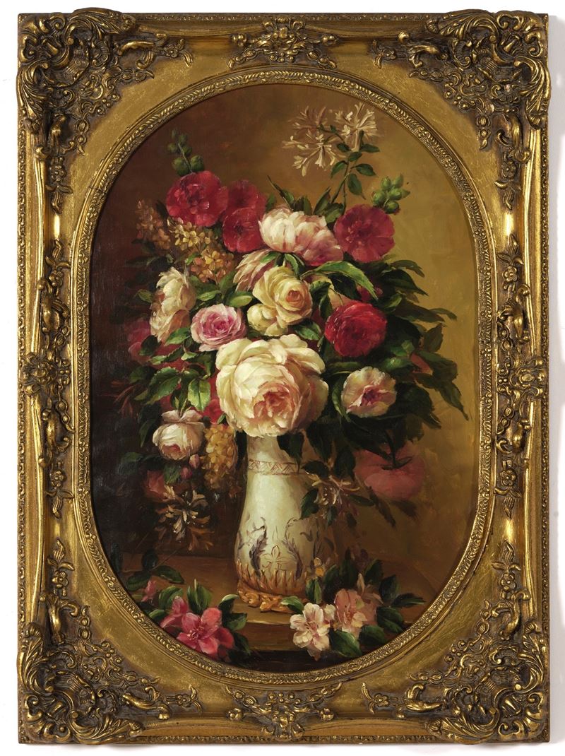 Pittore del XIX-XX secolo Composizione con vaso di fiori  - olio su tela - Auction Paintings of the 19th and 20th centuries - Cambi Casa d'Aste