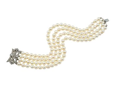 Bracciale a 4 fili di perle coltivate, montatura in oro bianco 750 con diamanti