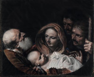 Scuola emiliana del XVII secolo, Adorazione del Bambino, pastello su pergamena