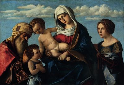 Madonna con Bambino e San Giovannino tra i santi Zaccaria e Caterina da Siena, tavola trasportata...