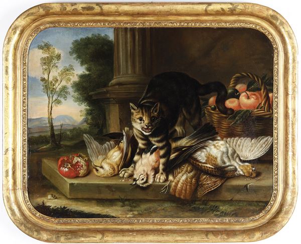 Scuola del XVIII secolo Natura morta con gatto e cacciagione