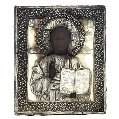 Assaggiatore Alexej Kulikov, Cristo Pantocratore. Icona su tavola, Mosca 1882, argento fuso sbalz...