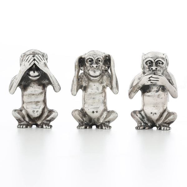 Tre Scimmie "Non vedo, non parlo, non sento". Argenteria veneta del XX secolo, argentiere F.lli Menegazzi, Vicenza