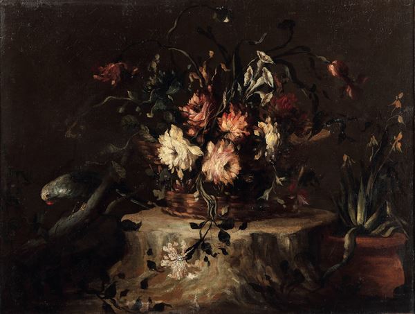 (attivo tra il 1730 e il 1760) Maestro dei fiori guardeschi - Natura morta con cesto di fiori e pappagallo