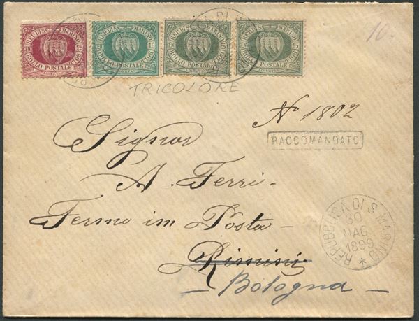 1899, S.Marino, Tricolore raccomandata su busta per Rimini, rispedita a Bologna, affrancata con 2 es. del 5c. verde olivastro, 10c. verde azzurro e 25c. lacca (13,14 e 5)