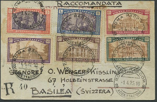 1925, Regno d’Italia, “Anno Santo”, serie completa su cartolina raccomandata da Roma per Basilea (Svizzera).