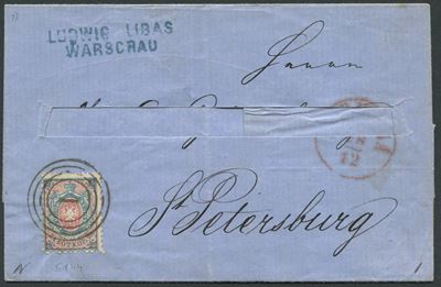 1863, Polonia, 10 K di Russia su Lettera da Varsavia per S. Pietroburgo (yv.1)