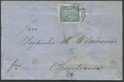 1855, Norvegia, Lettera per Christiania (oslo), Affrancata con 4 Sk. Azzurro (yv.1)