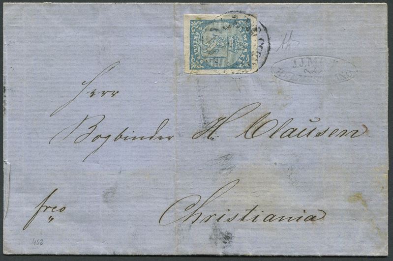 1855, Norvegia, Lettera per Christiania (Oslo), affrancata con 4 sk. azzurro (YV.1)  - Asta Storia Postale e Filatelia - Cambi Casa d'Aste