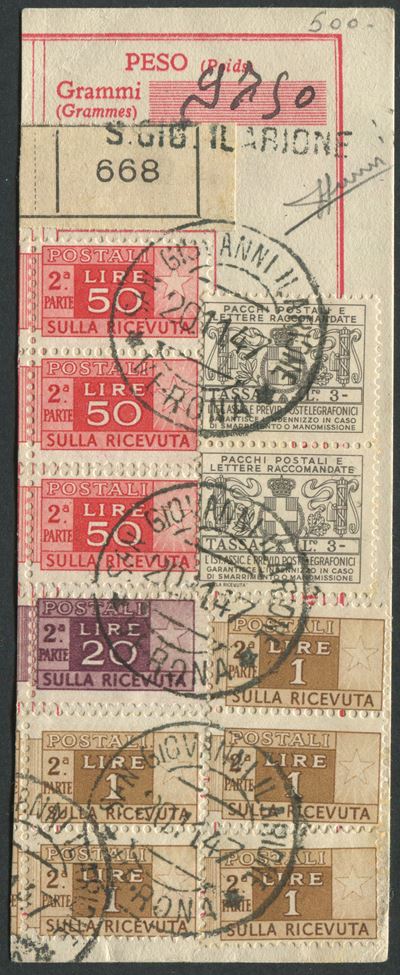1947, Repubblica Italiana, Ricevuta di Pacco Postale Affrancata con la Parte di Destra del Franco...