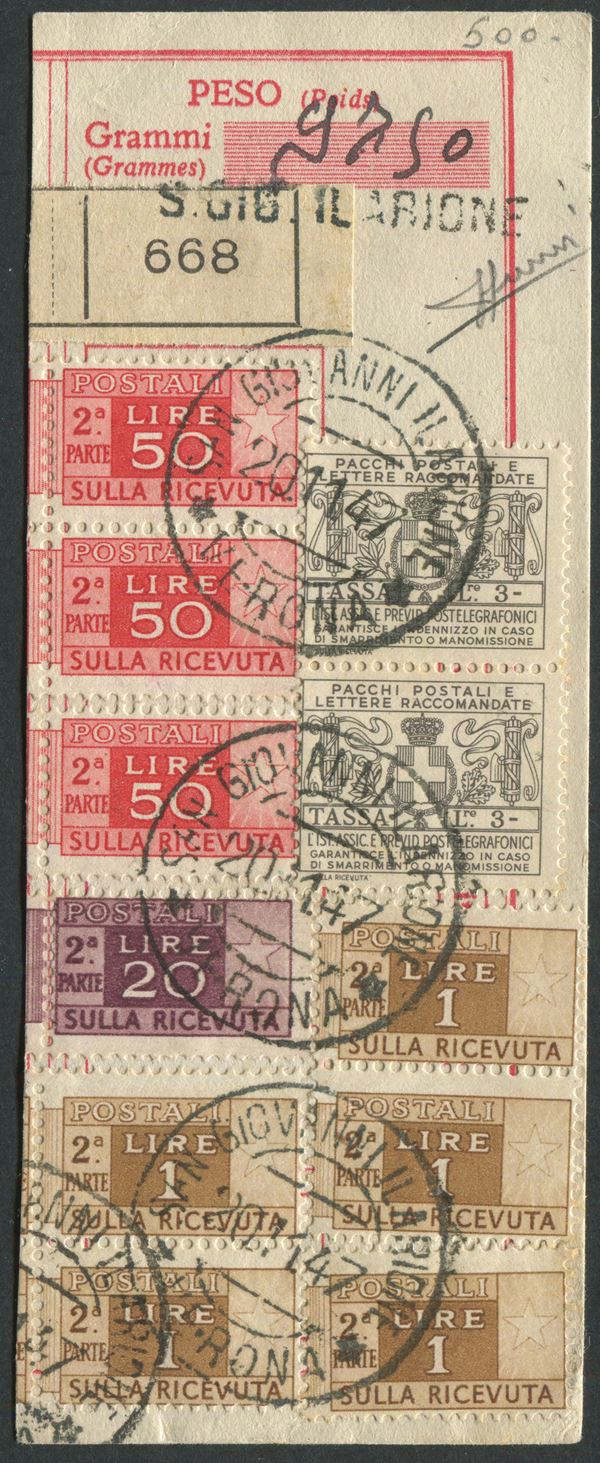 1947, Repubblica Italiana, Ricevuta di pacco postale affrancata con la parte di destra del francobollo per Assicurazioni e Previdenza Postelegrafonici da 3l. grigio oliva e parte destra dei fr. per pacchi postali da 50l., 20l. e cinque esemplari da 1l.