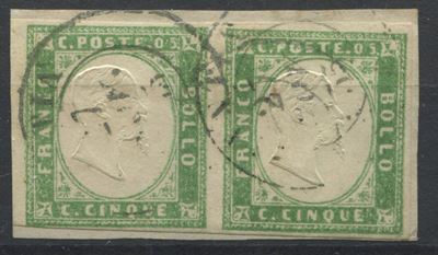 1855, Sardegna, Coppia, su Frammento, del 5c. Verde Pisello (13c)