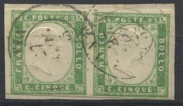 1855, Sardegna, Coppia, su frammento, del 5c. verde pisello (13c)