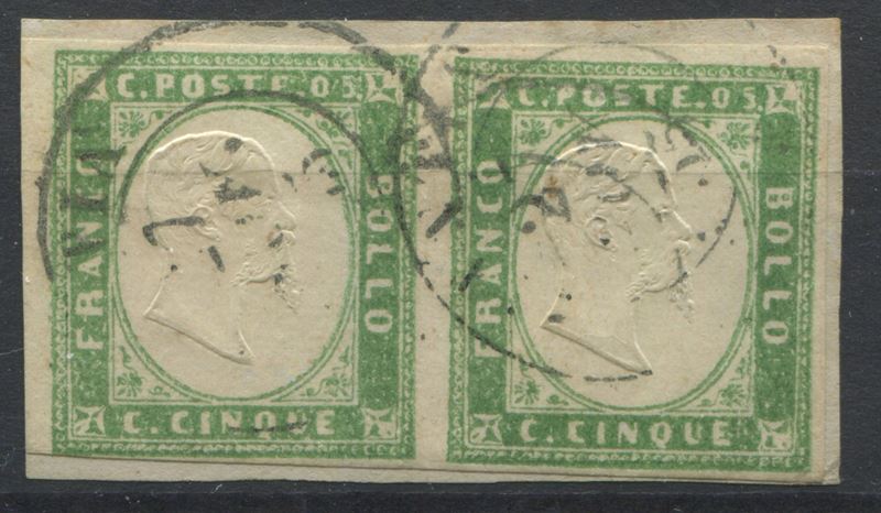 1855, Sardegna, Coppia, su frammento, del 5c. verde pisello (13c)  - Auction Postal History and Philately - Cambi Casa d'Aste