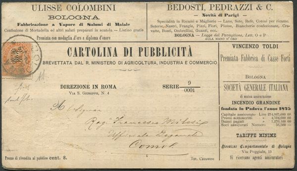 1889, Regno d’Italia, Cartolina di Pubblicità da 20 c. di Umberto I (1) affrancata con francobollo perforato “C.C.”