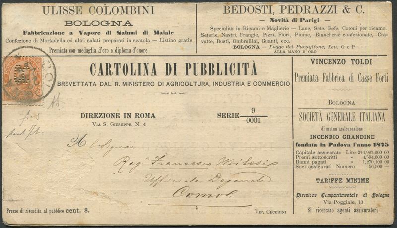 1889, Regno d’Italia, Cartolina di Pubblicità da 20 c. di Umberto I (1) affrancata con francobollo perforato “C.C.”  - Asta Storia Postale e Filatelia - Cambi Casa d'Aste