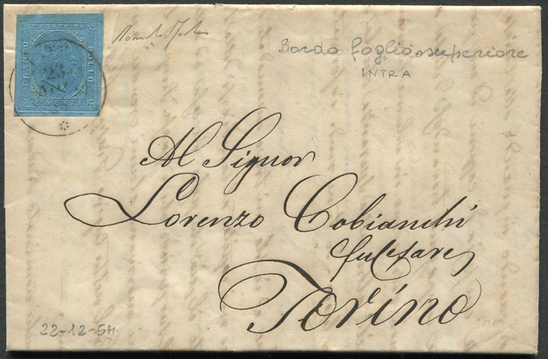1854, Sardegna, Lettera da Intra per Torino affrancata con 20 cent. azzurro, II emissione (5)  - Auction Postal History and Philately - Cambi Casa d'Aste