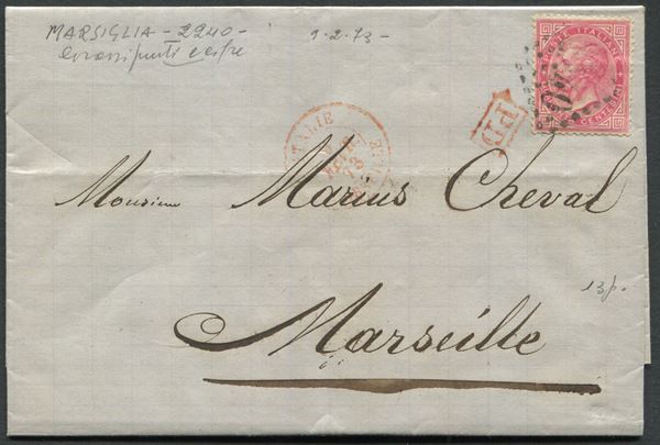 1873, Regno d’Italia, Lettera da Genova a Marsiglia affrancata con 40c. DLR (L20)