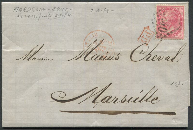 1873, Regno d’Italia, Lettera da Genova a Marsiglia affrancata con 40c. DLR (L20)  - Auction Postal History and Philately - Cambi Casa d'Aste