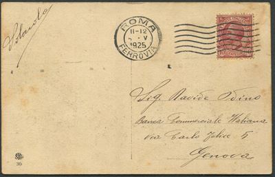 1925, Regno D’italia, Cartolina da Roma per Genova Affrancata con 10 C. Rosa Carminio con Varietà...