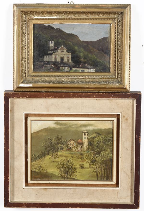 Due dipinti ad olio su tavoletta, XIX-XX secolo Chiesa e Montagne
