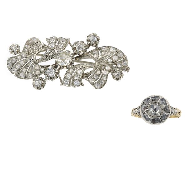 Old-cut diamond, gold and silver brooch and ring